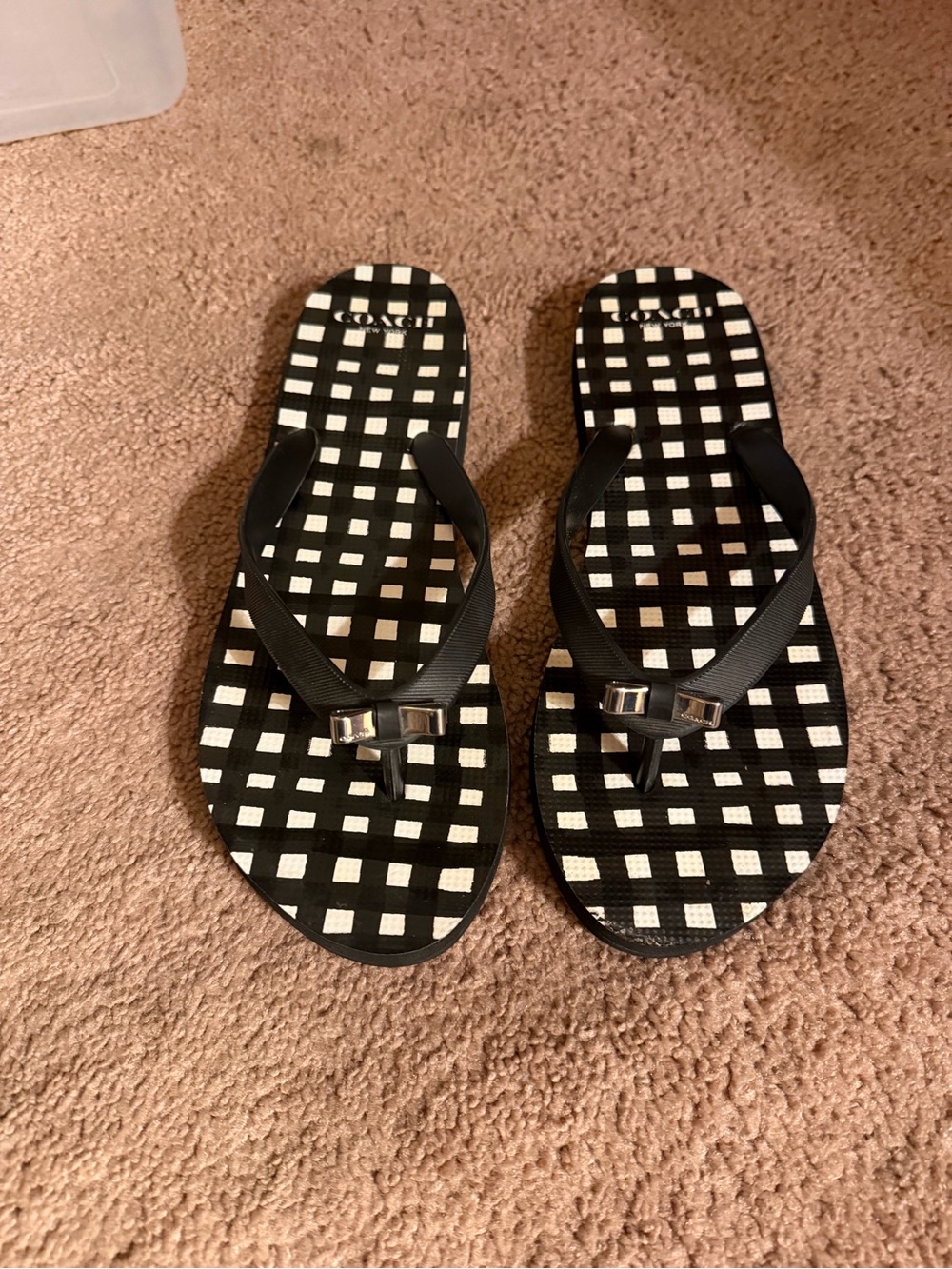Coach Black and White Gingham Flip Flops